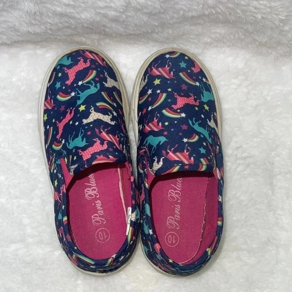 Girl Paris Blue Multicolored Unicorn Slip-On Shoes - Size 10 - Picture 1 of 6